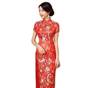 EXPOING Long Qipao Brocade Chinese Traditional Cheongsam Dress for Women, Size 8